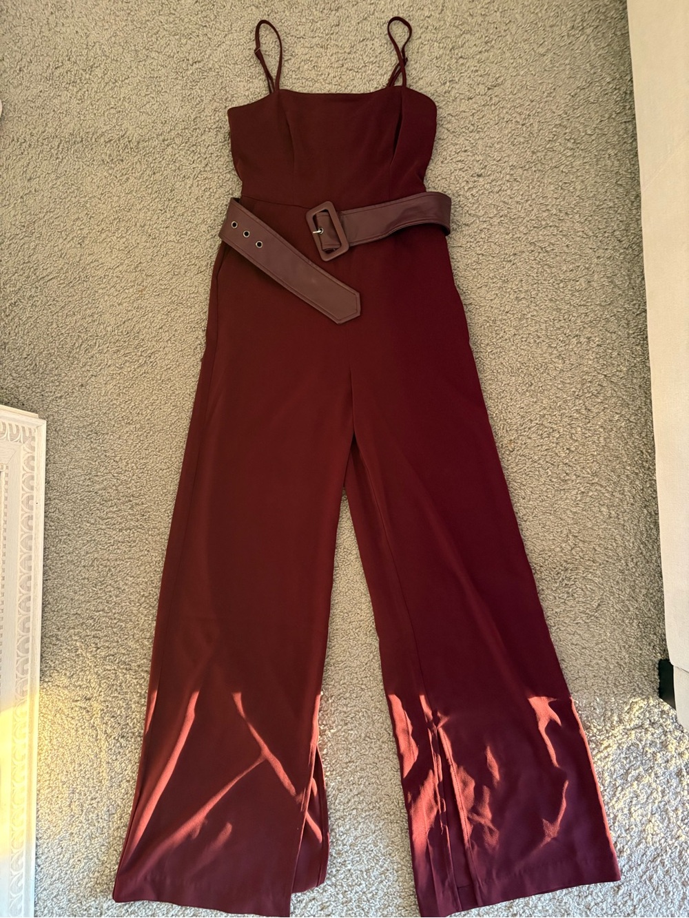 Express Maroon Spaghetti-Strap Wide-Leg Jumpsuit with Belt